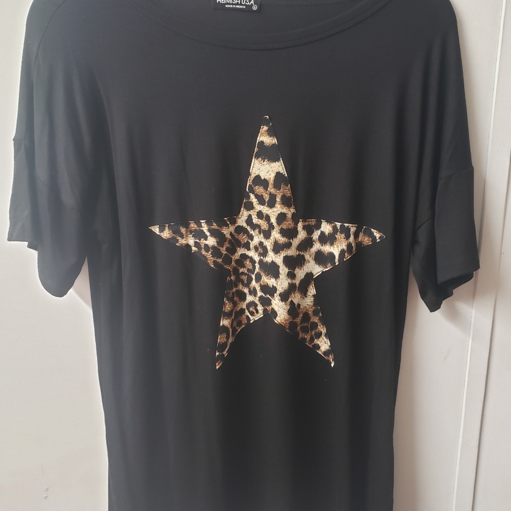 Black Graphic T-Shirt with Tan Leopard Star